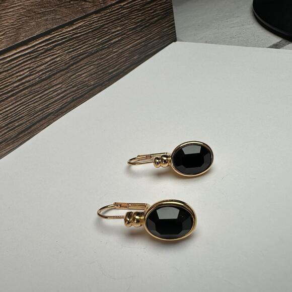 Napier Oval Black Rhinestone Gold Tone Leverback Pierced Earrings - Picture 8 of 9